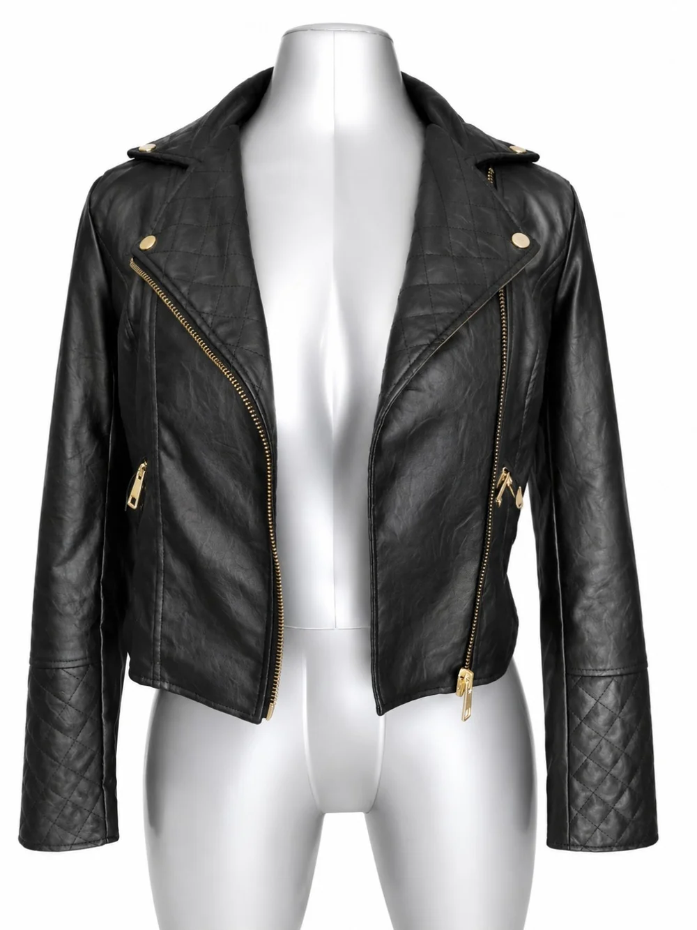 Fashion Nova Black Faux Leather Moto Quilted Jacket Medium EUC